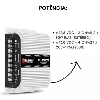 Módulo Amplificador Taramps TL1500 390W Rms 3 Canais 1 Canal 200W Rms 4 ohms 2 Canais 95W Rms 2 ohms (900877)